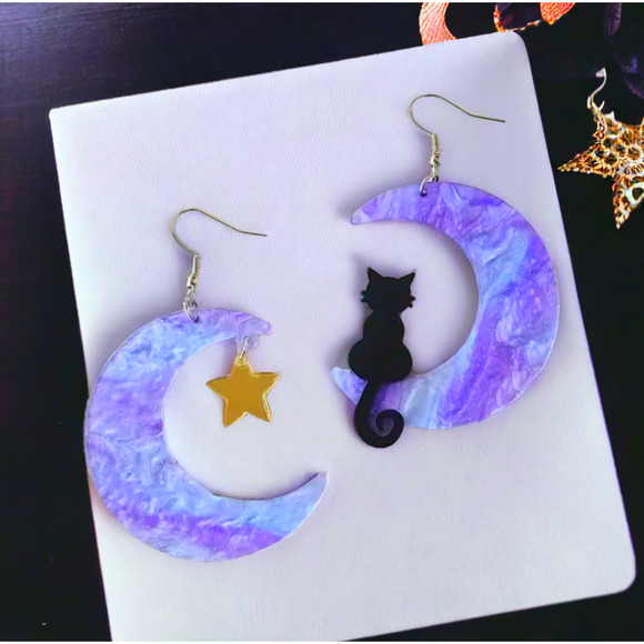 Black Cat Moon Star Purple Earrings Eras Tour Midnights Swiftie Gift w/ Box NEW - Picture 1 of 7